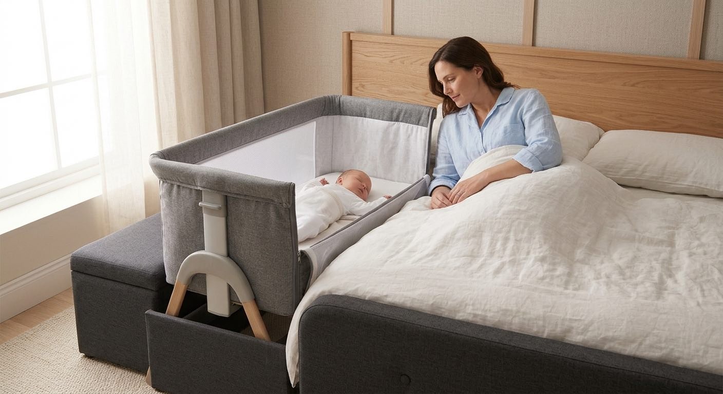 Cuna de colecho moderna de color gris claro adosada a una cama con base de canapé abatible tapizada en gris, en un dormitorio contemporáneo.